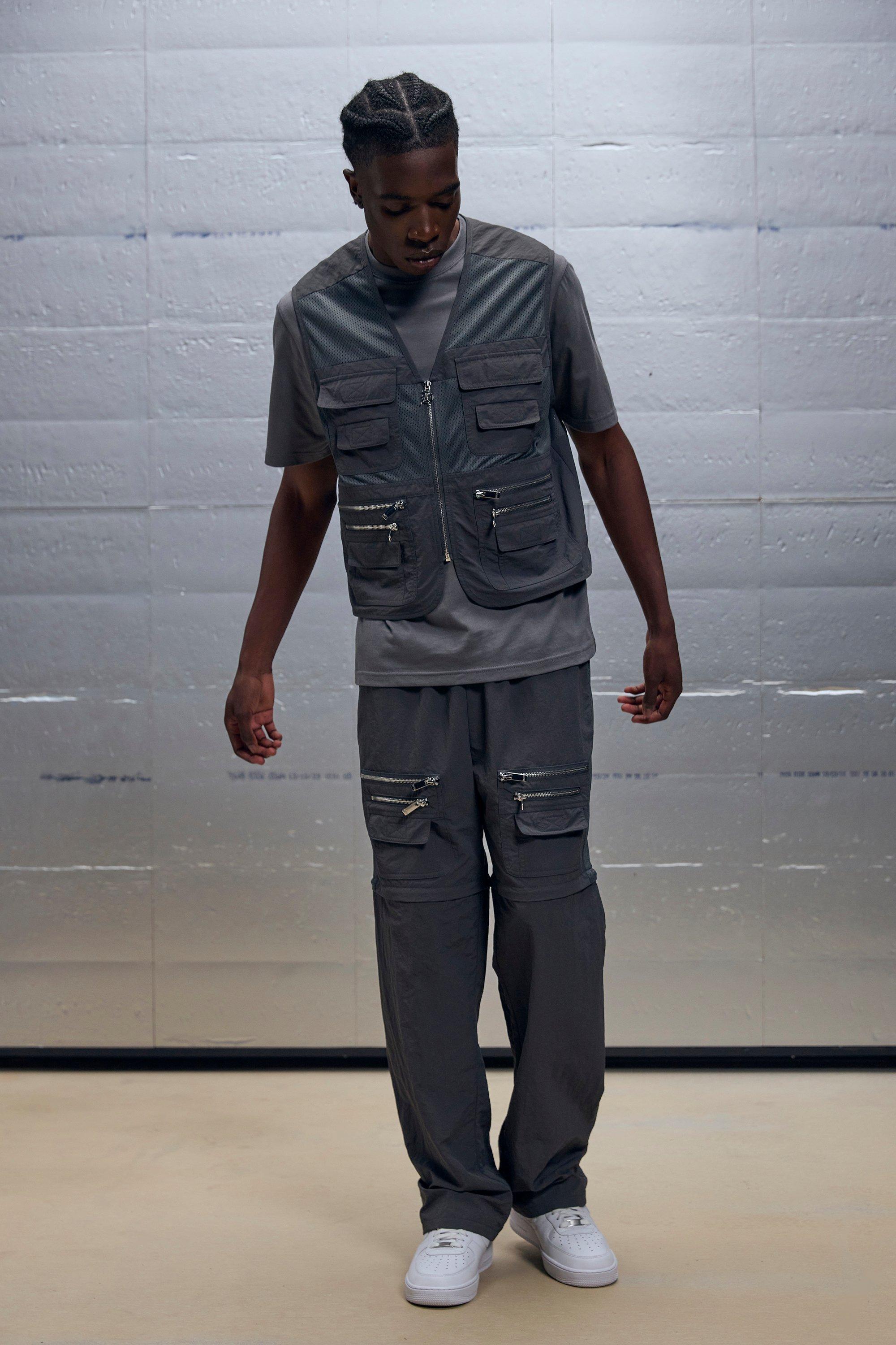 Boxy Utility Mesh Cargo Pocket Vest & Zip Off Pants Set | boohooMAN USA Product Image