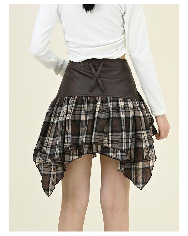 High Waist Plaid Panel Mini A-Line Skirt Product Image