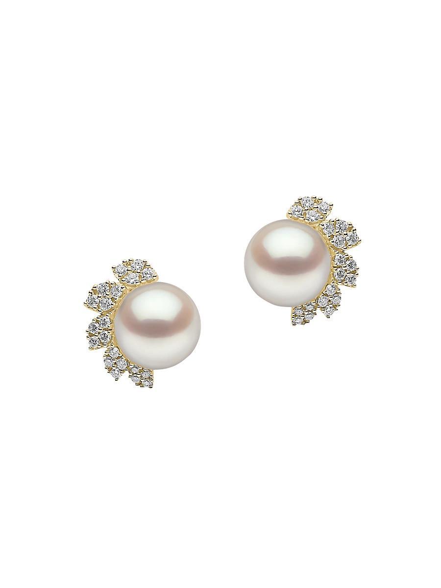 Womens Trend 18K Yellow Gold, Freshwater Pearl & Diamond Stud Earrings Product Image