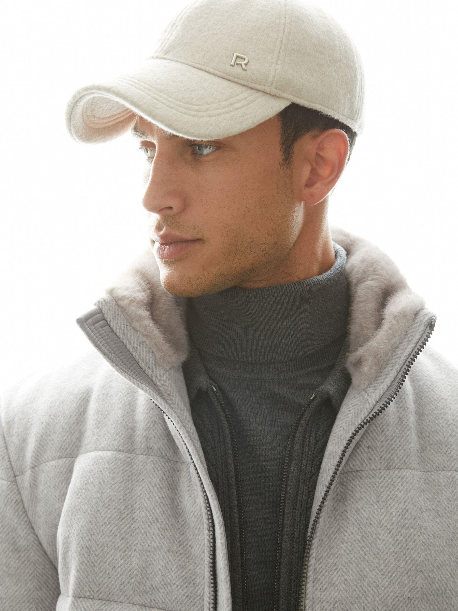 Quilted Wool-Blend herringbone and Faux-Fur Jacket in Soft Grey Melange Product Image