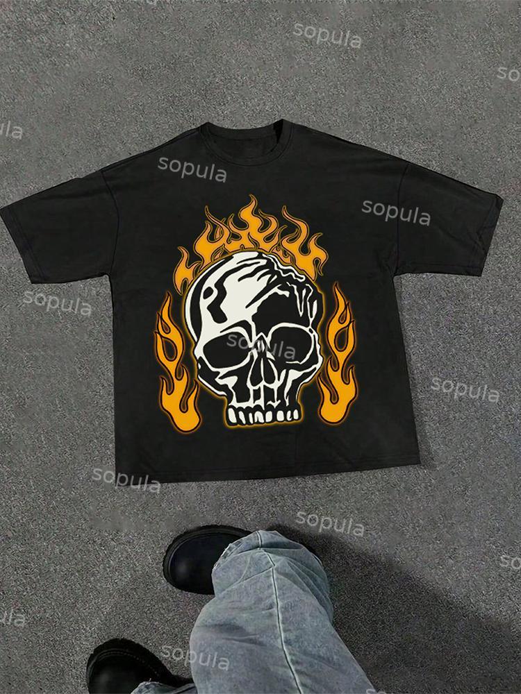 Men's Flaming Skull Graphic Cotton T-shirt Product Image