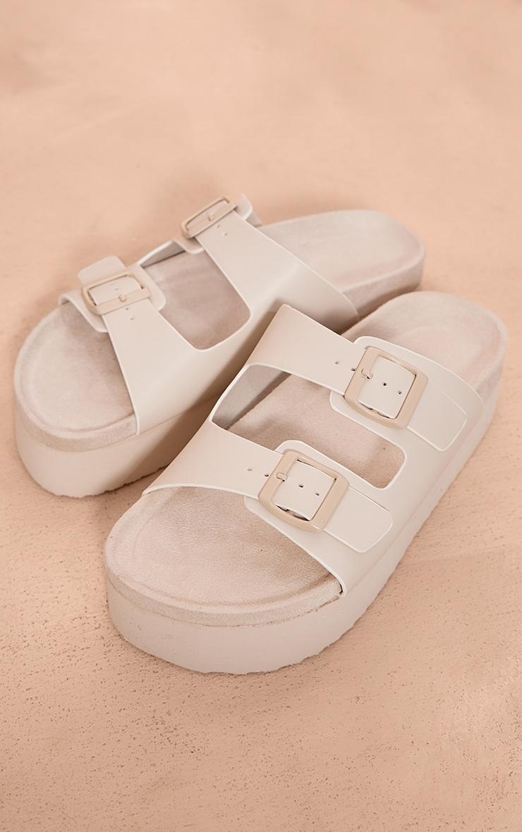 White PU Round Toe Double Buckle Strap Chunky Flat Sandals Product Image