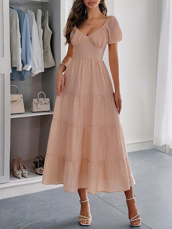 A-Line Loose Backless Pleated Solid Color Tied V-Neck Midi Dresses Product Image