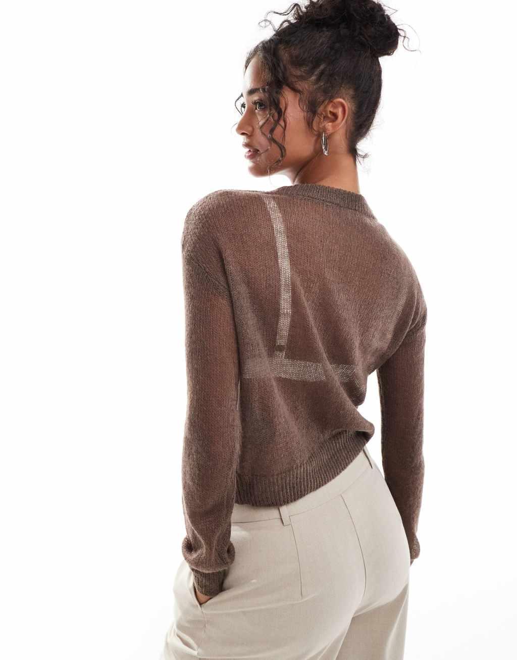 YAS fine sheet knit sweater in brown Product Image