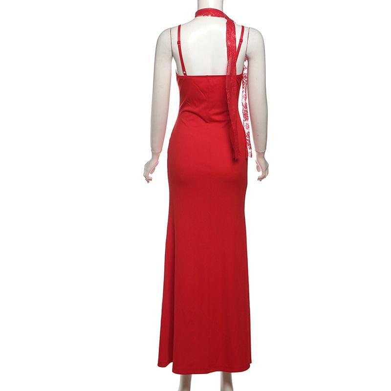 Spaghetti Strap V-Neck Plain Ruched Panel Lace Maxi Sheath Dress Product Image