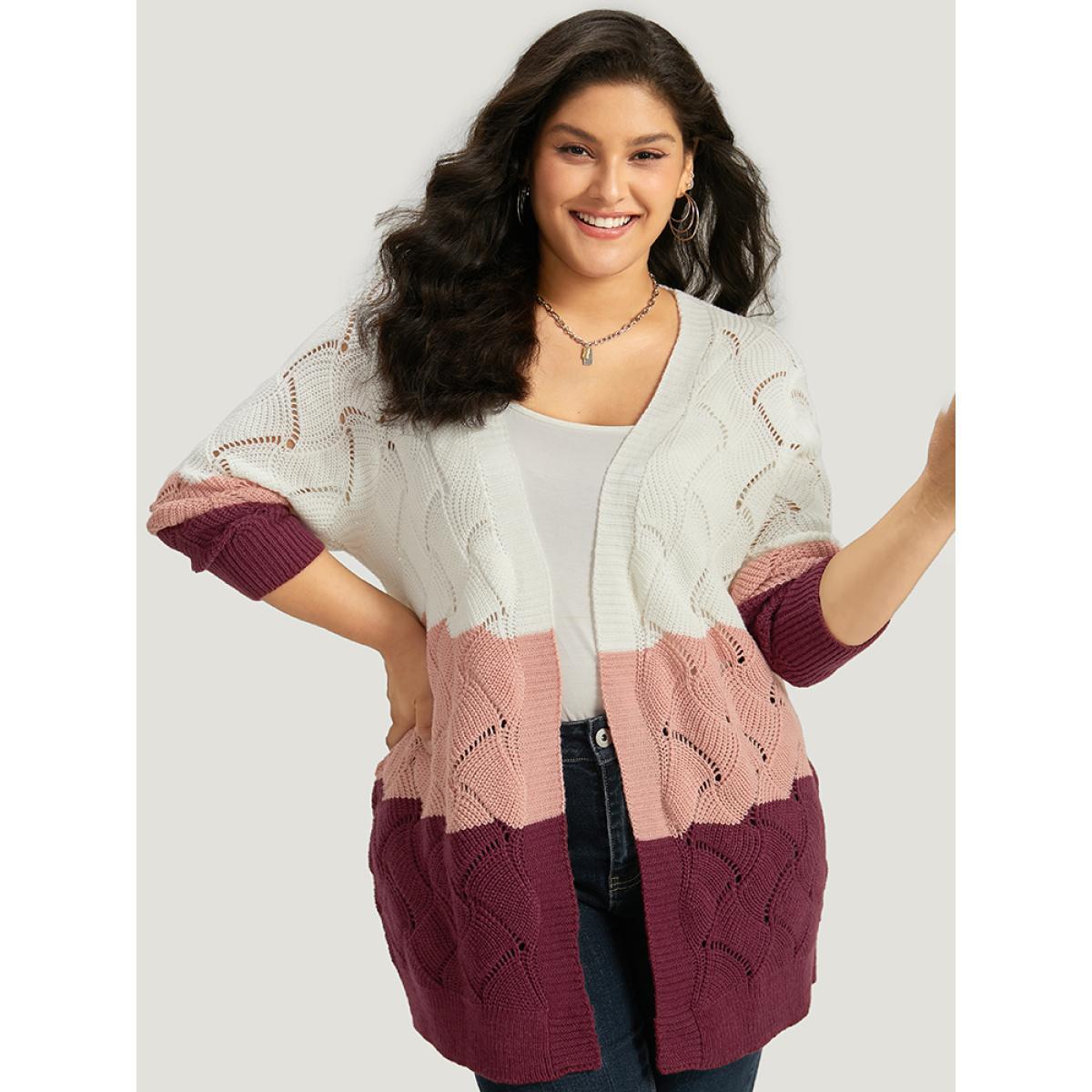 Plus Size Colorblock Contrast Open Front Eyelet Cardigan Multicolor Women Casual Loose Long Sleeve Dailywear Cardigans BloomChic 12/L Product Image