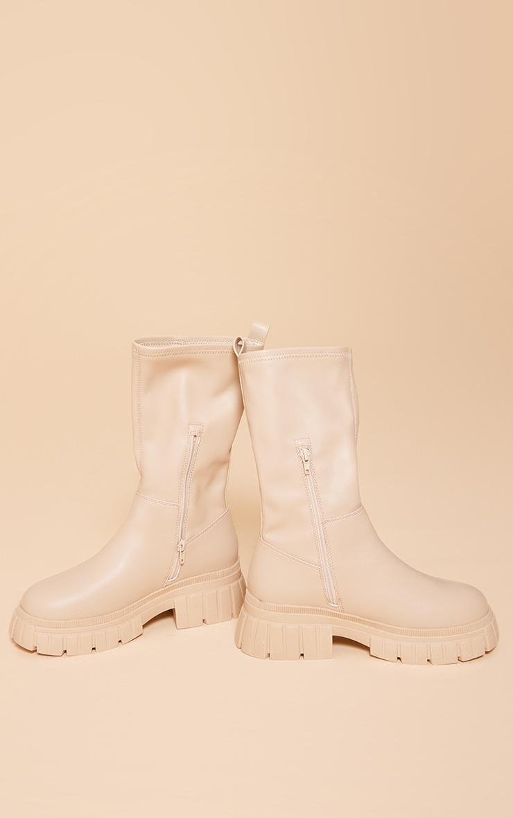 Beige Wide Fit PU Chunky Platform Calf High Boots Product Image