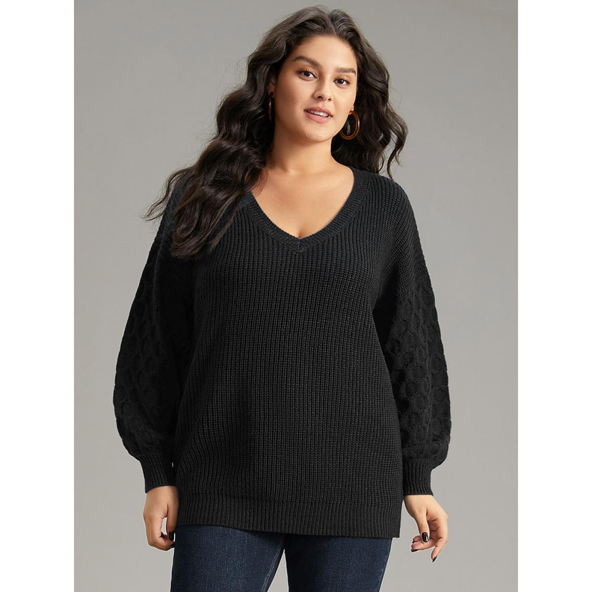 Plus Size Solid Cable Knit V Neck Drop Shoulder Pullover Black Women Casual Long Sleeve V-neck Everyday Pullovers BloomChic 14-16/1X Product Image