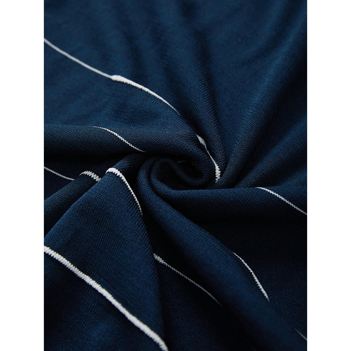 Plus Size Striped Metal Button Detail Elastic Cuffs Pullover Navy Women Casual Loose Long Sleeve Round Neck Everyday Pullovers BloomChic 12/L Product Image