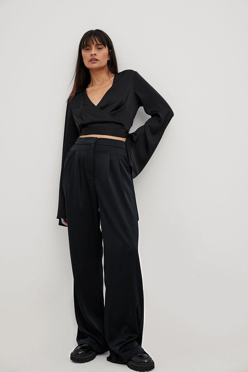 Trumpet Sleeve Wrap Front Satin Blouse Product Image