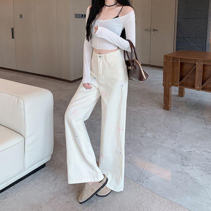 High Waist Bear & Bow Embroidered Straight-Fit Wide-Leg Pants Product Image