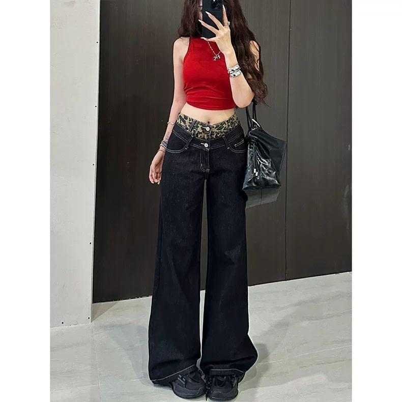 Mid Waist Mock Two-Piece Leopard Print Panel Wide Leg Jeans Product Image