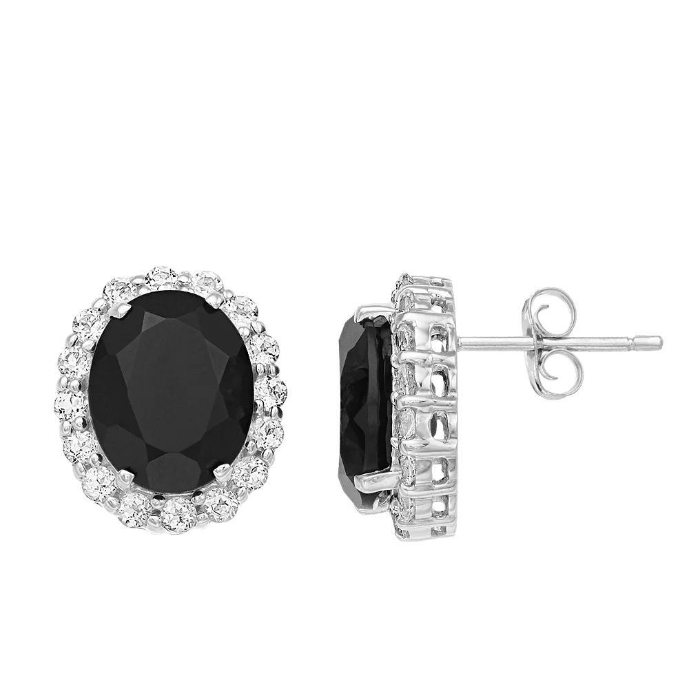 Gemminded Sterling Silver Onyx & White Topaz Oval Halo Stud Earrings, Women's Product Image