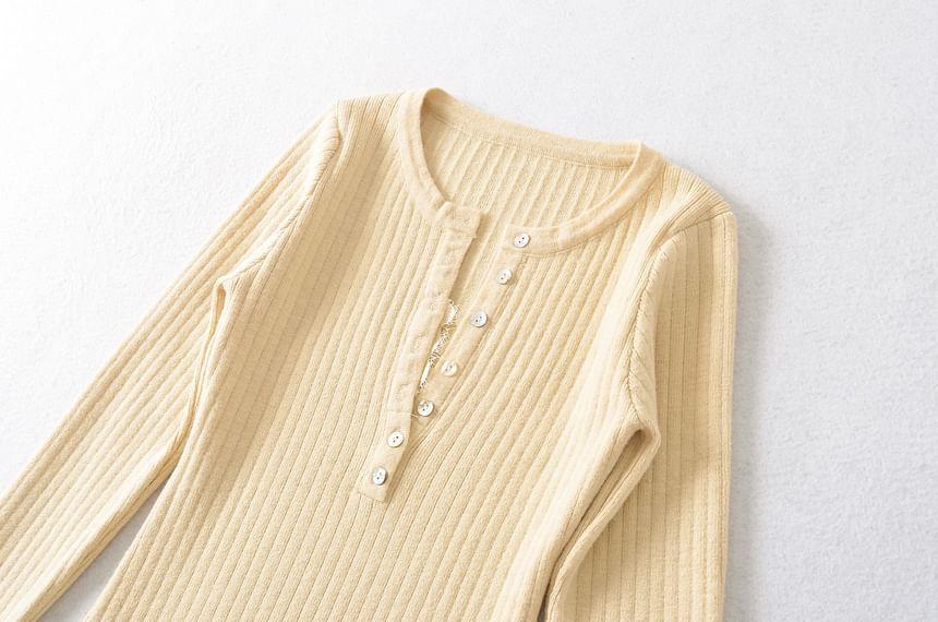 Long-Sleeve Plain Ribbed Henley Knit Top Product Image