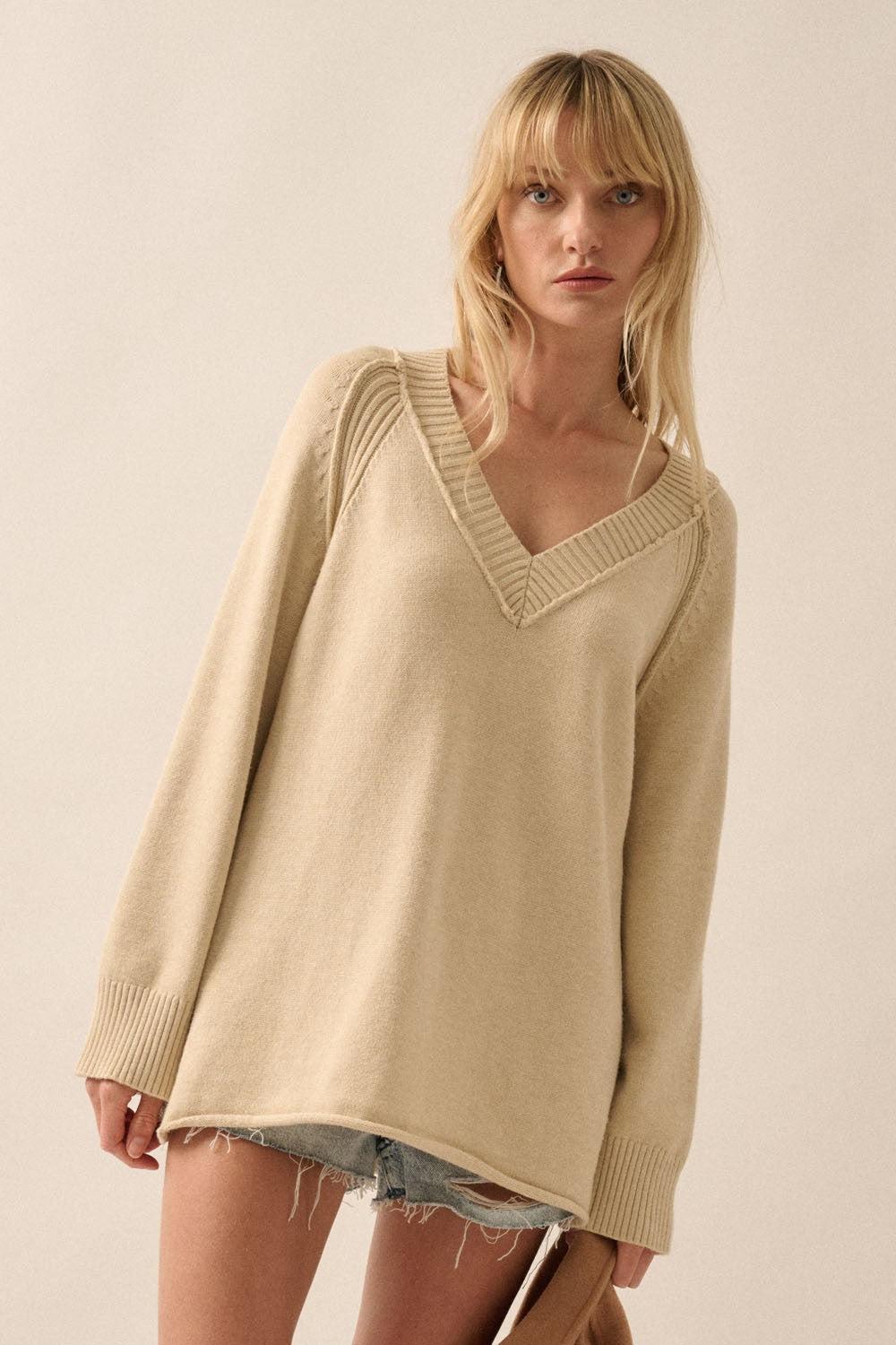 V Neck Pipe Trim Sweater Top Product Image