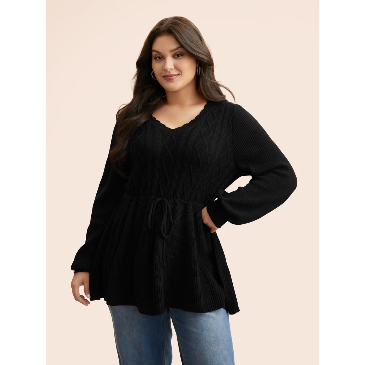 Plus Size V Neck Cable Knit Drawstring Pullover Black Women Casual Long Sleeve V-neck Everyday Pullovers BloomChic 30/6X Product Image