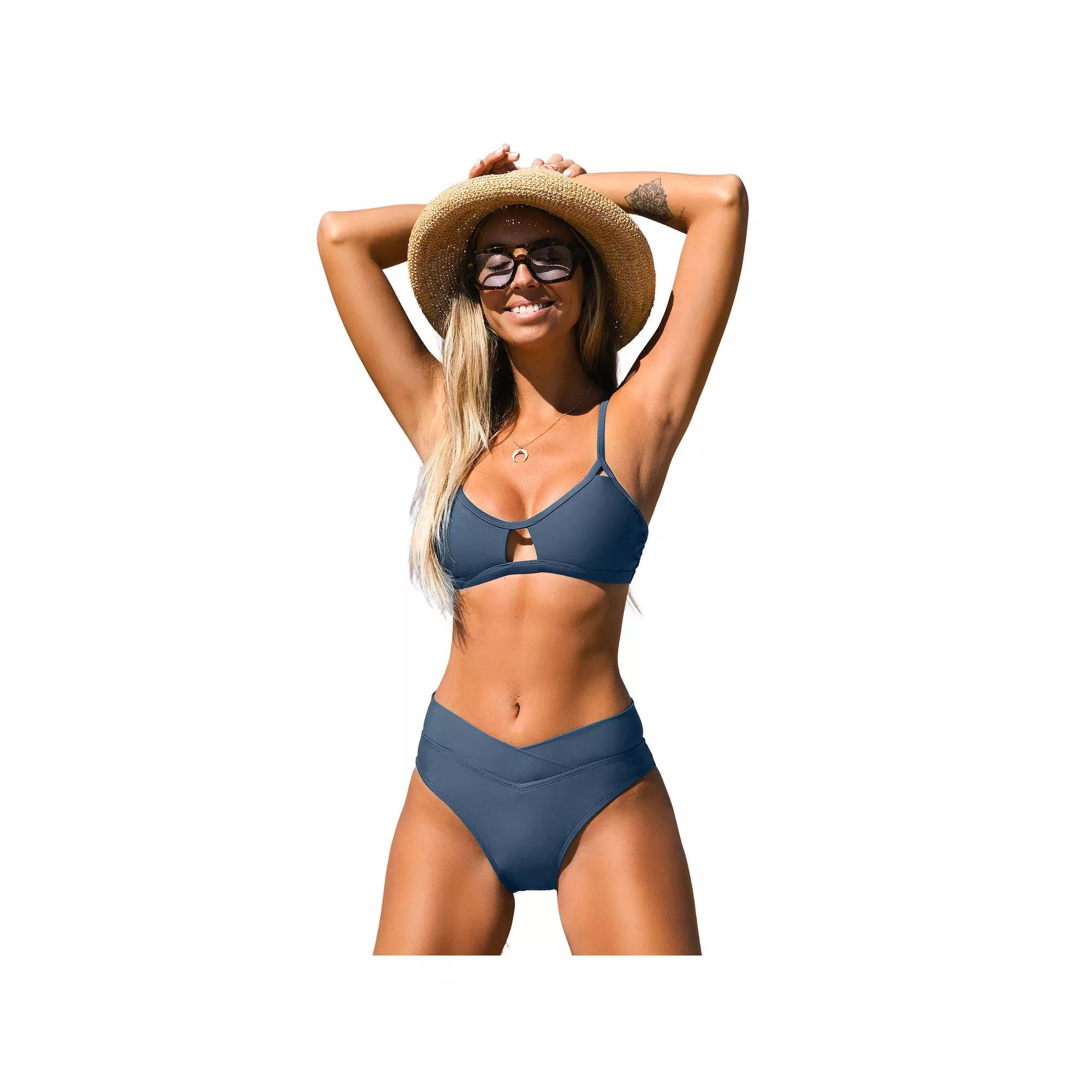 Women's Cupshe Cutout Bralette & V-Front High Waist Bikini Set, Size: Large, Blue Product Image
