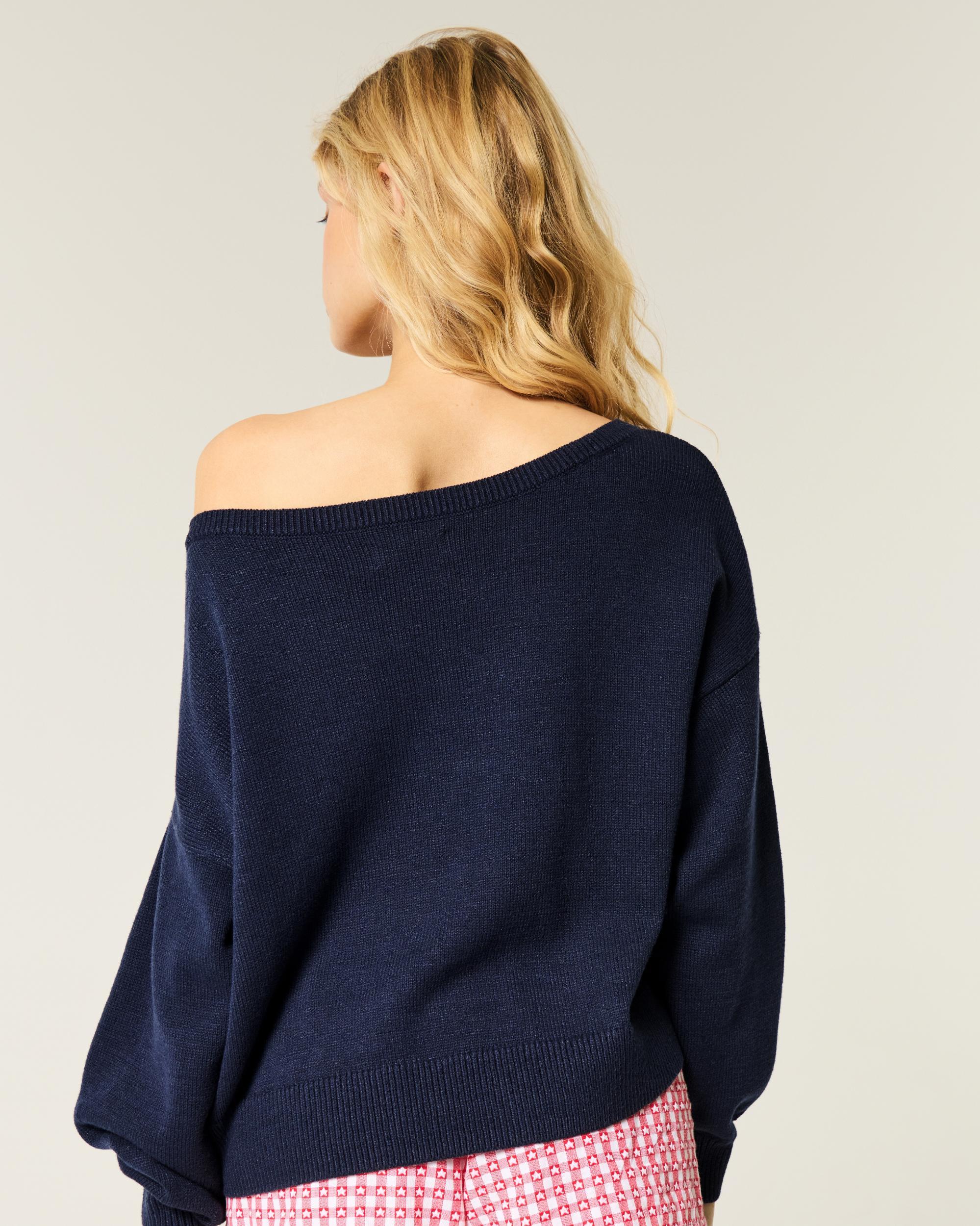Easy Off-the-Shoulder Heart Flag Graphic Sweater Product Image