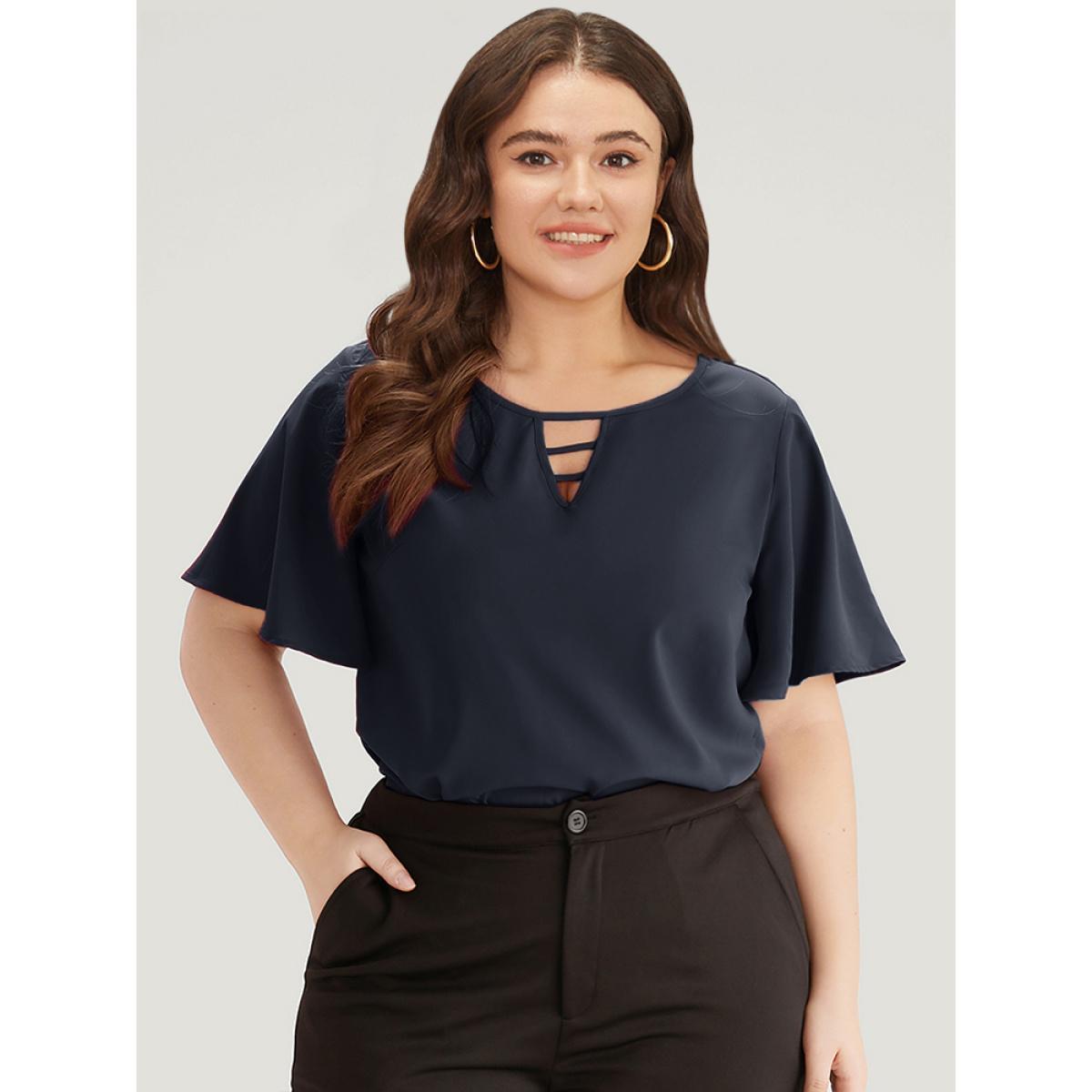 Plus Size Indigo Plain Ruffle Sleeve Cut Out Blouse Women Office Short sleeve Keyhole Cut-Out Office Blouses BloomChic 12/L Product Image