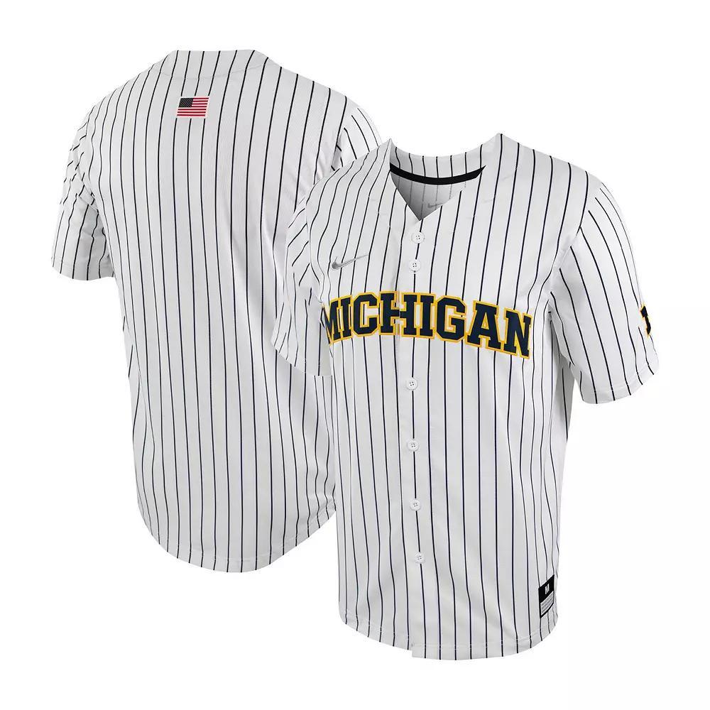 Men's Nike White/Navy Michigan Wolverines Pinstripe Replica Full-Button Baseball Jersey,  Product Image