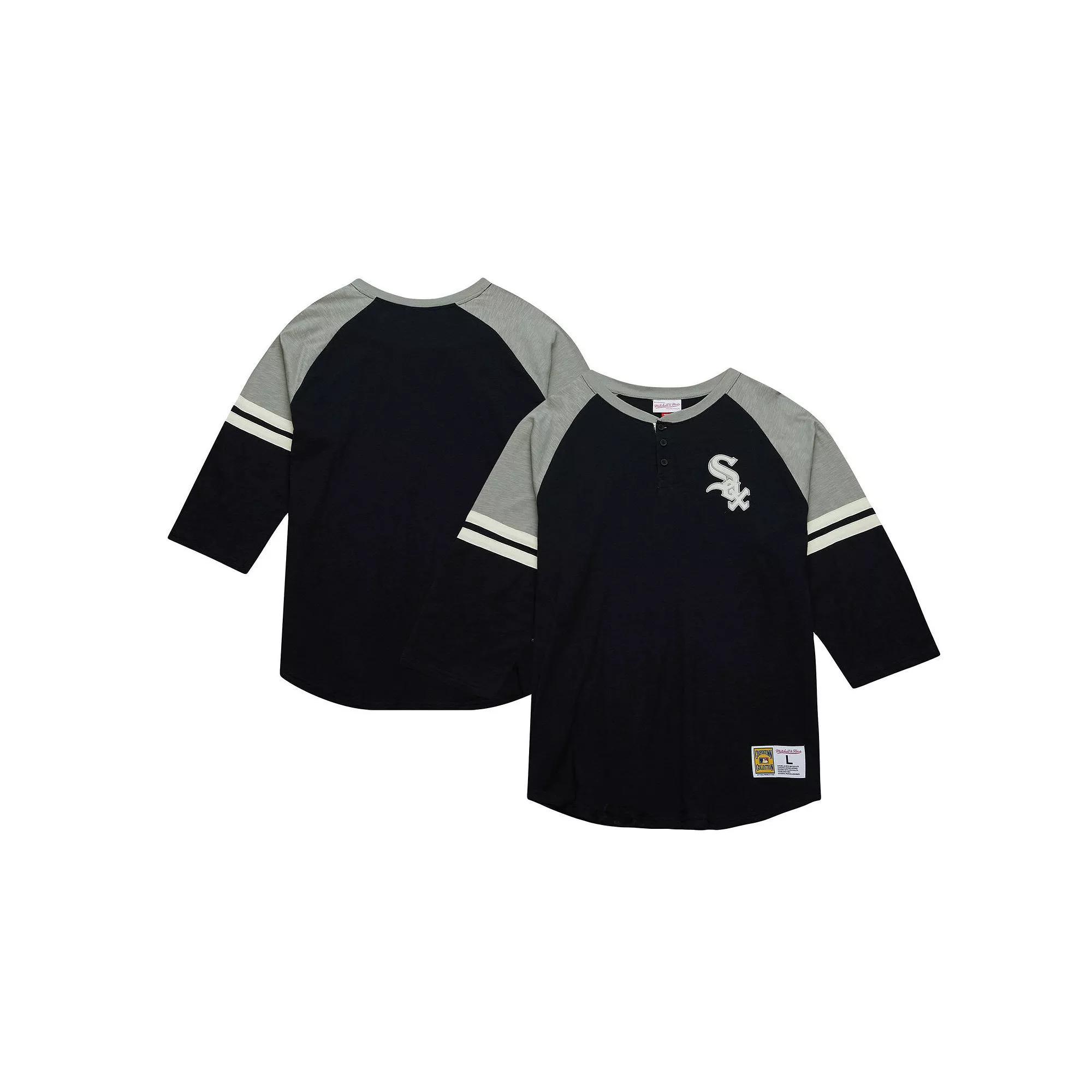 Men's Mitchell & Ness Black Chicago White Sox Cooperstown Collection Legendary Raglan Slub Henley 3/4-Sleeve T-Shirt, Size: 4XL Product Image