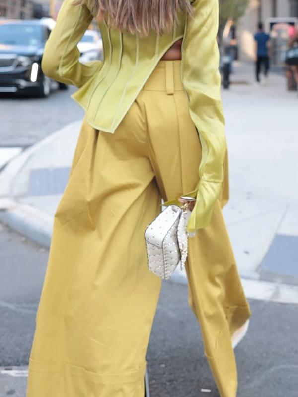 High Waisted Loose Pockets Solid Color Pants Trousers Product Image