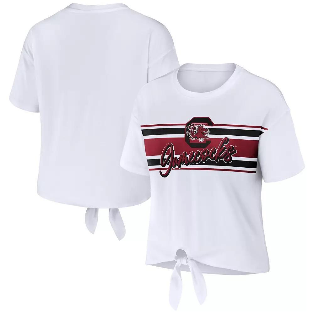 Women's WEAR by Erin Andrews White South Carolina Gamecocks Striped Front Knot Cropped T-Shirt,  Product Image