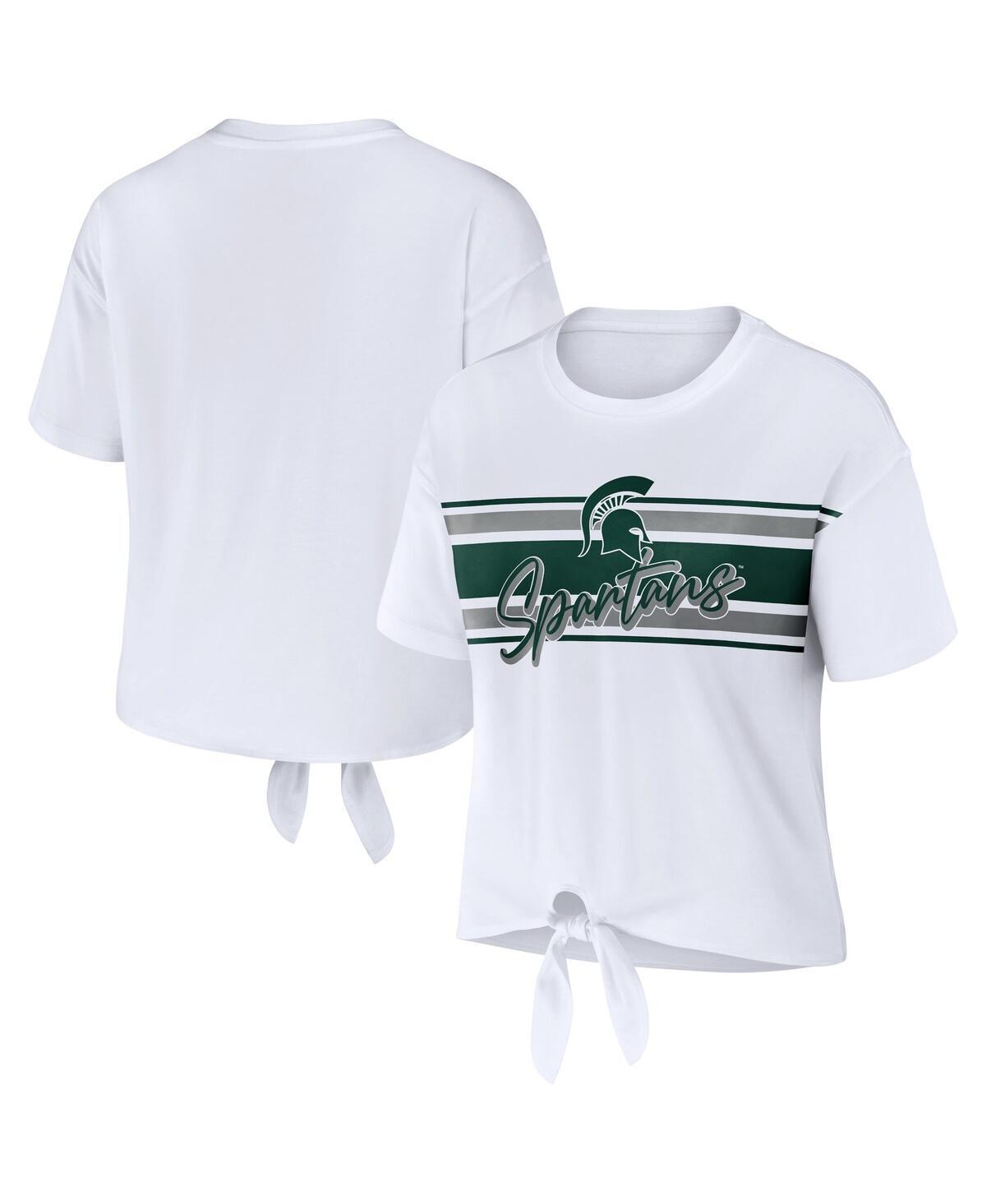 Women's WEAR by Erin Andrews White Michigan State Spartans Striped Front Knot Cropped T-Shirt, Size: Large Product Image