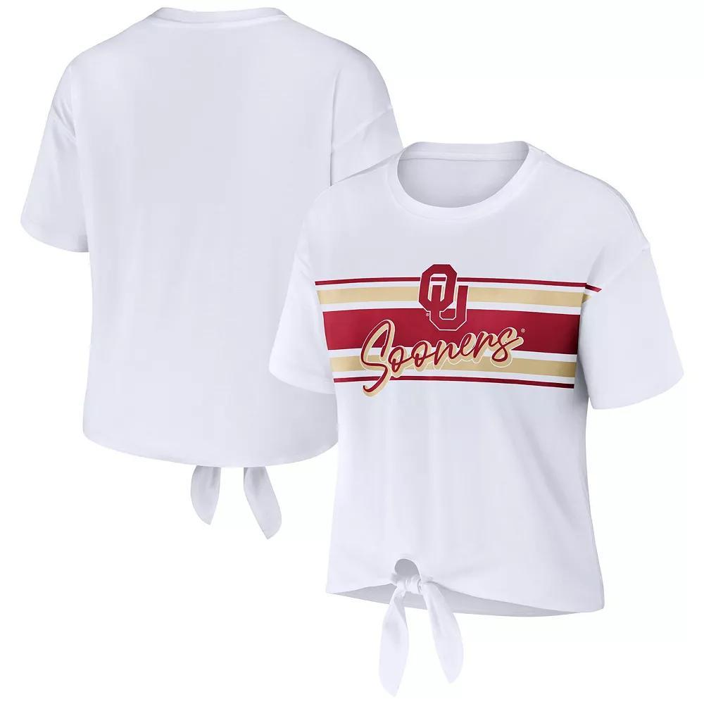Women's WEAR by Erin Andrews White Oklahoma Sooners Striped Front Knot Cropped T-Shirt,  Product Image