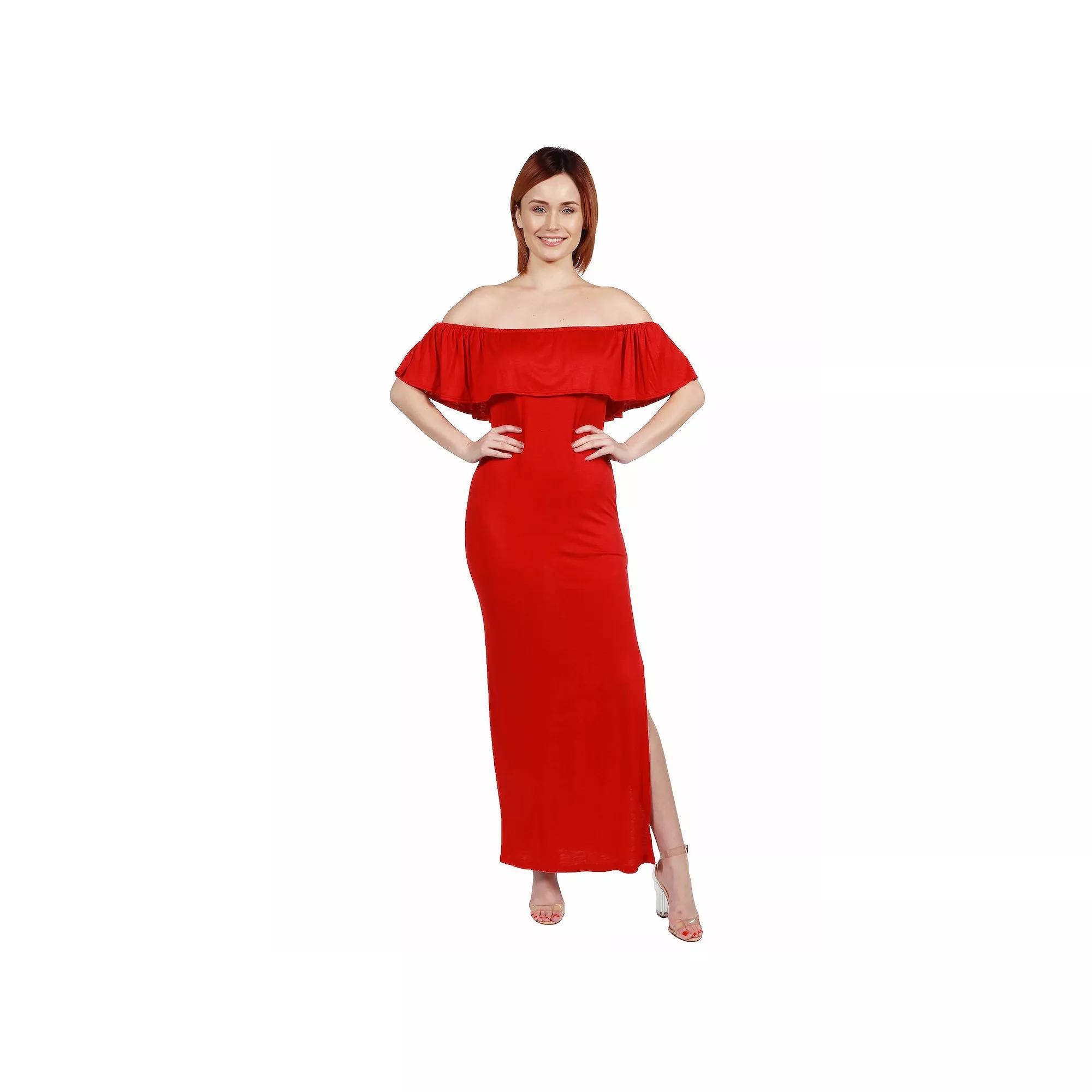 Women's 24seven Comfort Apparel Off-The-Shoulder Ruffled Side Slit Maxi Dress,  Product Image