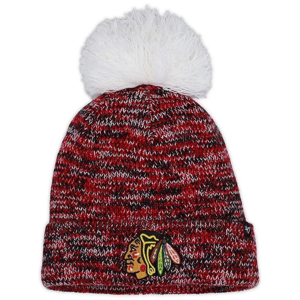 Women's '47 Black Chicago Blackhawks Triple Cross Cuffed Knit Hat with Pom, Red Product Image