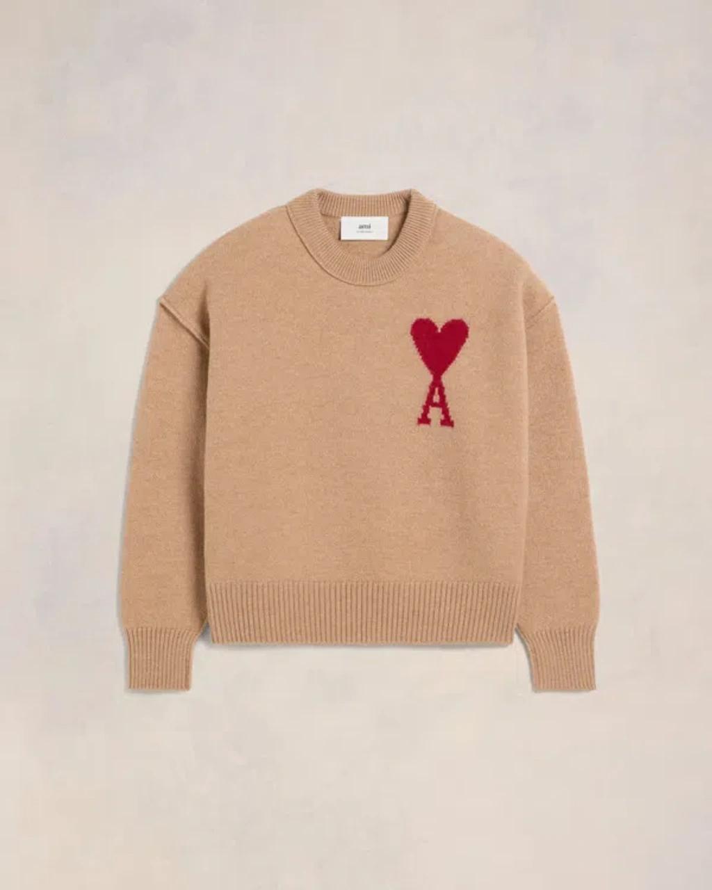 AMI ALEXANDRE MATTIUSSI Ami De Coeur Wool Sweater In Camel/ Red Product Image