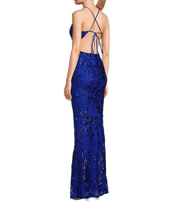 B. Darlin Sequin Patterned V-Neck Spaghetti Strap Tie Back Dress Product Image