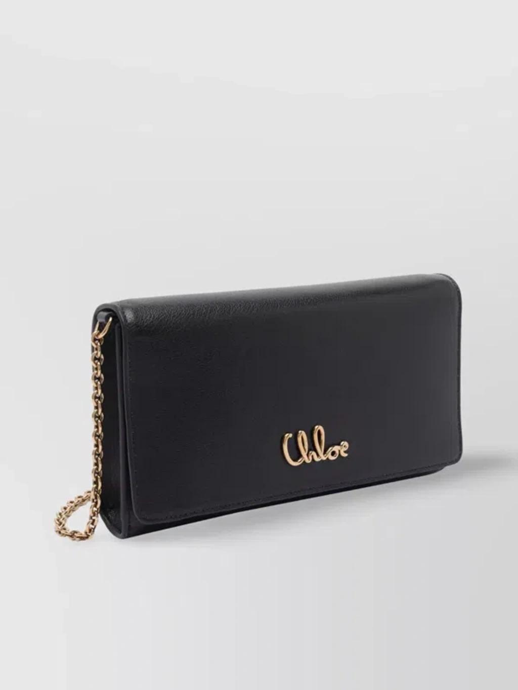 CHLOÉ Iconic Flap Wallet On Chain In Shiny Calfskin In Black Product Image