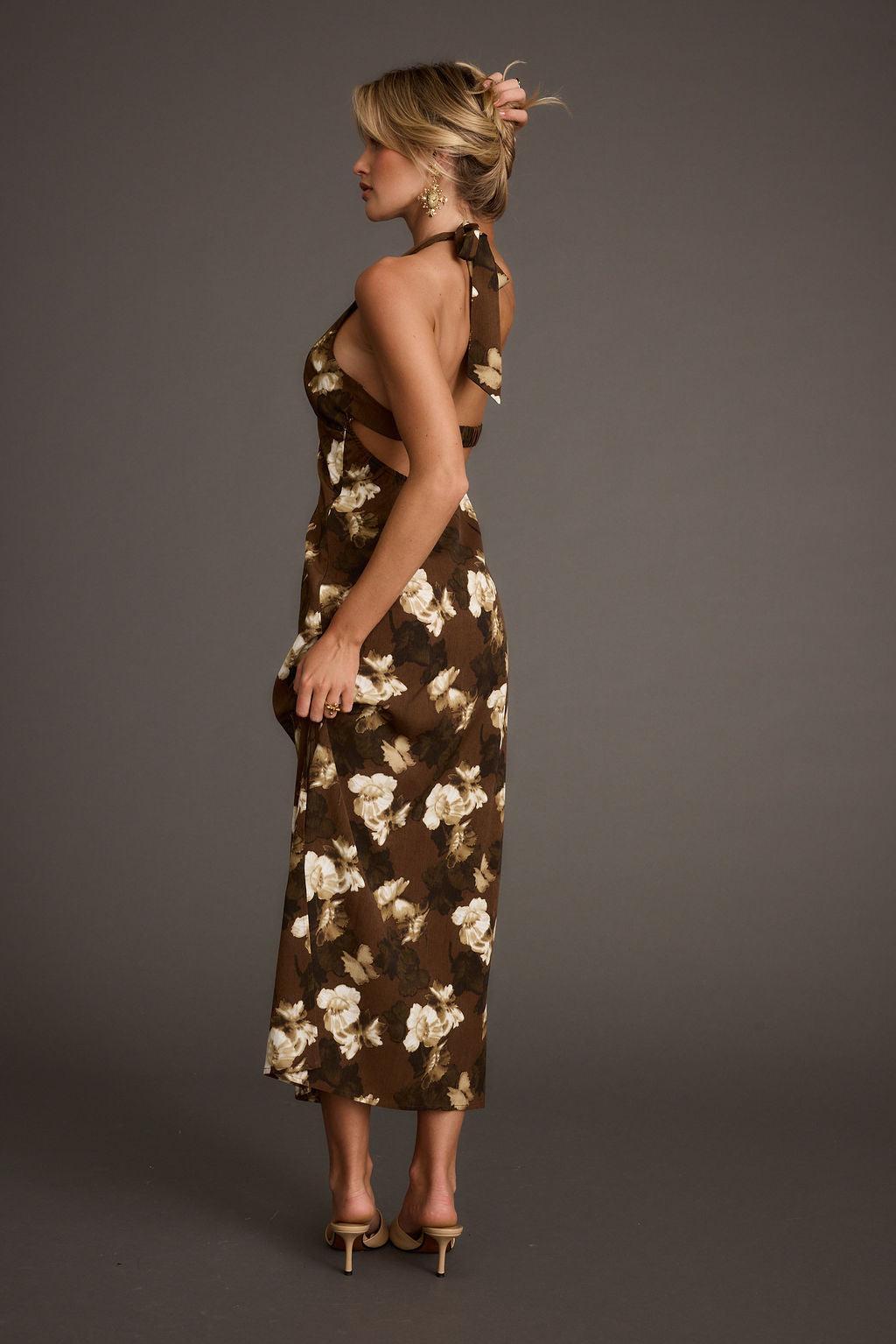 Audrina Brown Floral Halter Maxi Dress Product Image