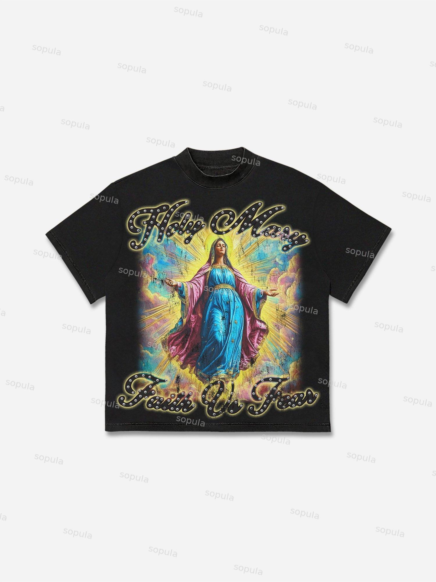 Men's Faith Vintage Holy Mary Graphics Cotton T-shirt Product Image