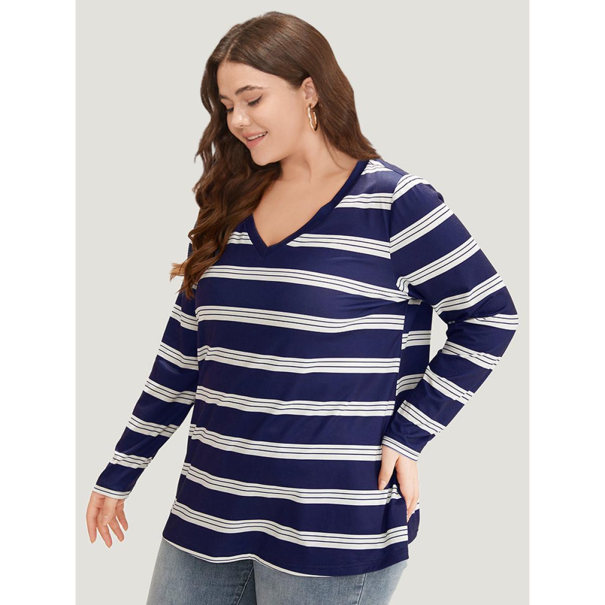 Plus Size Striped Print V Neck T-shirt DarkBlue Women Casual Printed Striped V-neck Dailywear T-shirts BloomChic 12/L Product Image