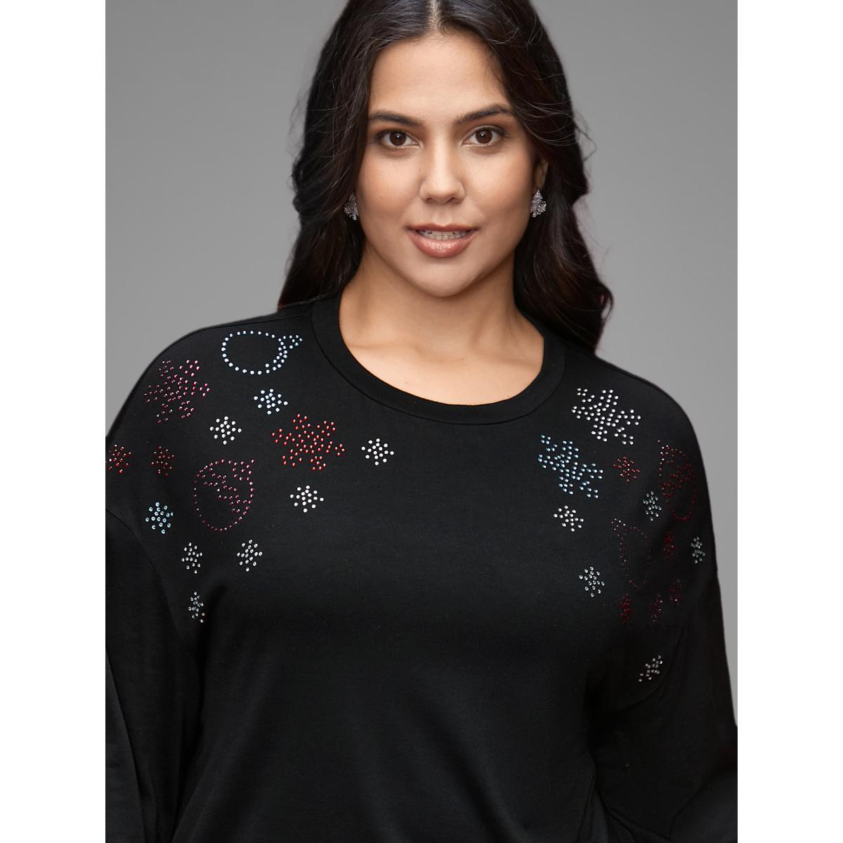 Plus Size Rhinestone Embellished Shoulder Round Neck Tee Black Women Casual Rhinestone detailing Round Neck Everyday T-shirts BloomChic 14-16/1X Product Image
