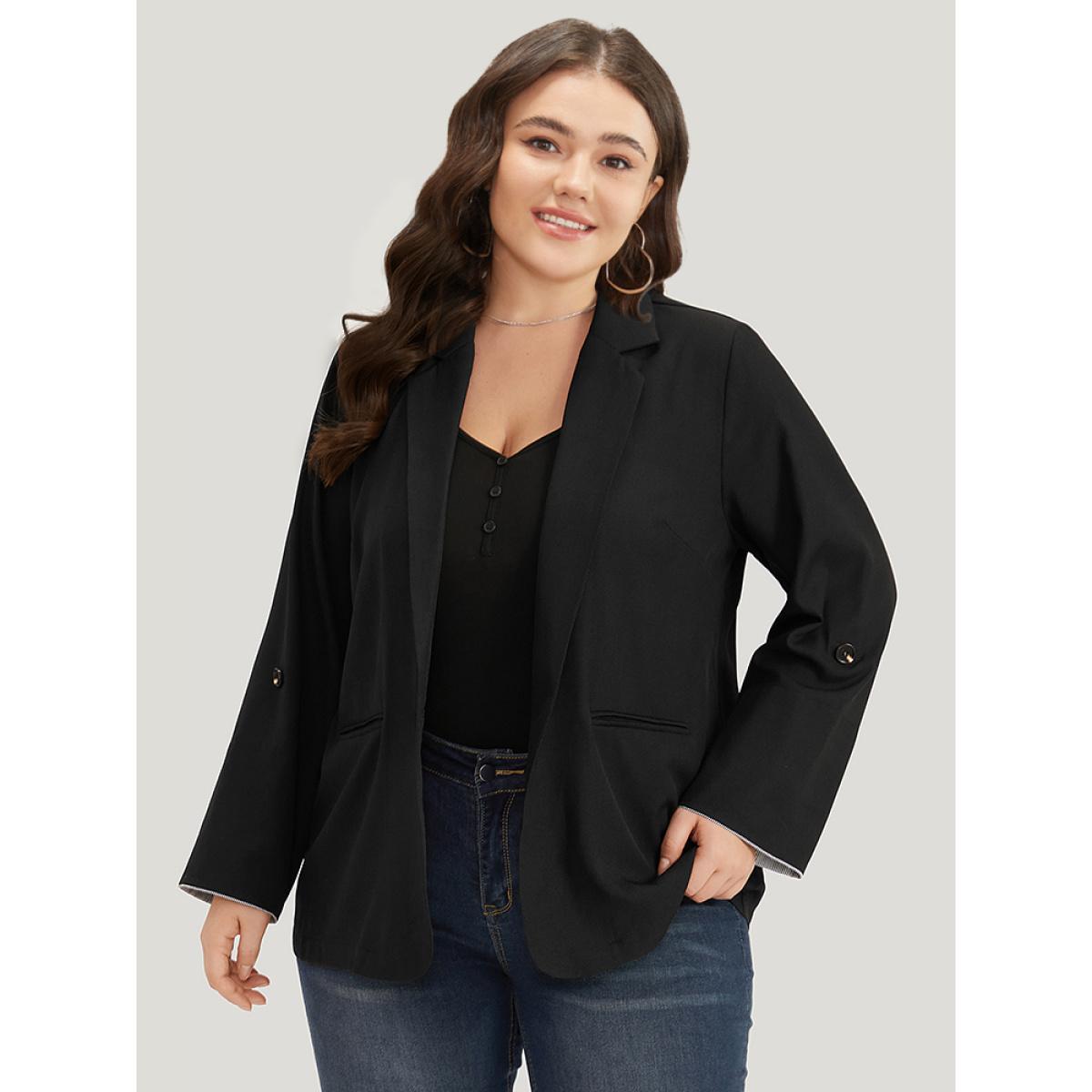Plus Size Contrast Suit Collar Button Up Pocket Tab Sleeve Blazer Indigo Women Work Plain Contrast Sleeve Long Sleeve Lapel Collar 14-16/1X Pocket Office Blazers BloomChic Product Image