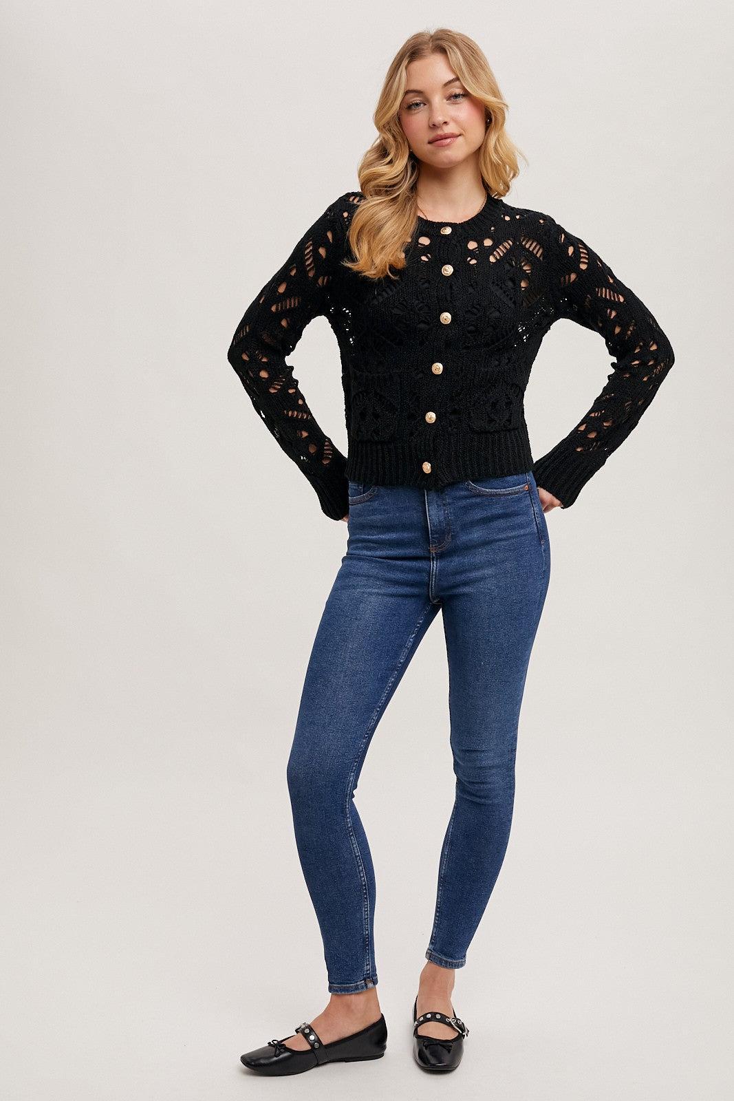 Button Down Pointelle Knit Cardigan Product Image