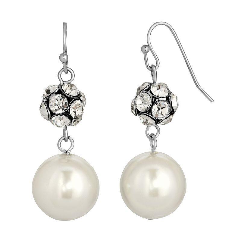 1928 Silver Tone Simulated Pearl & Simulated Crystal Fireball Drop Earrings, Womens, White Product Image