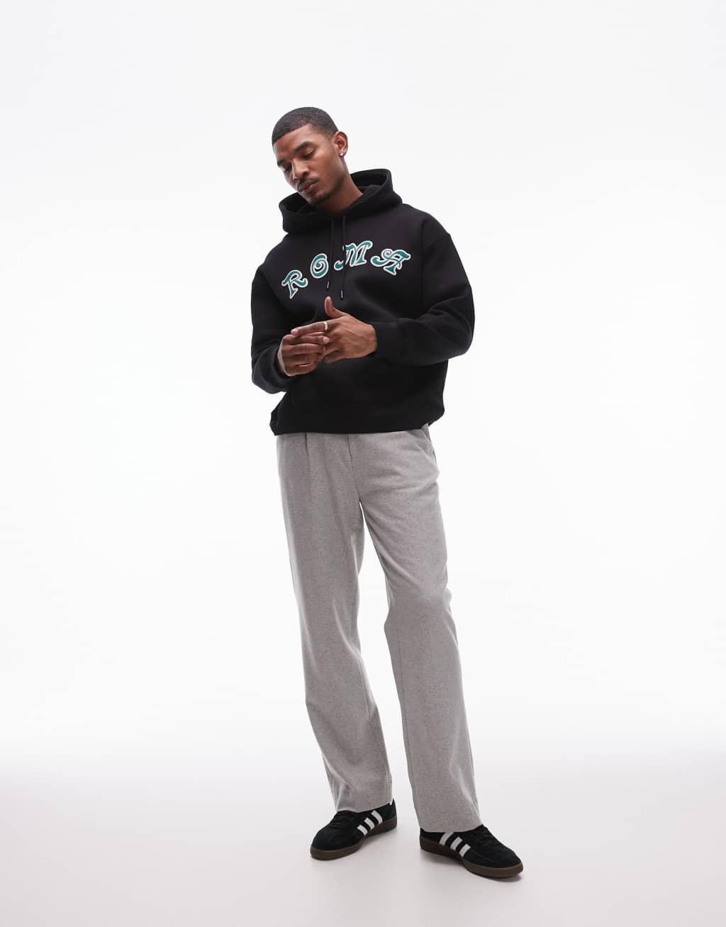 Topman oversized fit hoodie with Roma applique embroidery in black Product Image