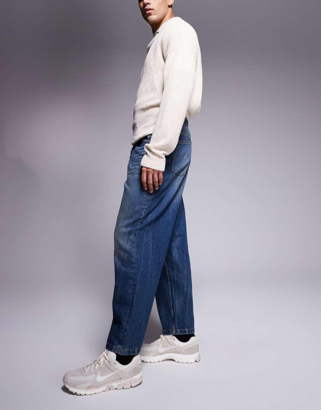 ASOS DESIGN balloon fit jeans with vintage tint in mid dark wash blue Product Image