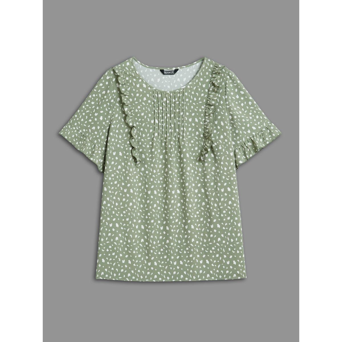 Plus Size Greenbean Ruffled Edges Pleated Floral Shirt Women Elegant Short sleeve Round Neck Everyday Blouses BloomChic 22-24/3X Product Image