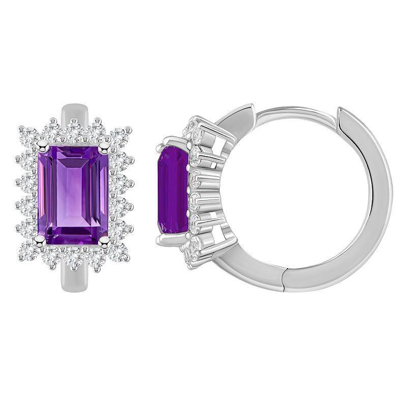 Celebration Gems Sterling Silver Emerald Cut Gemstone & White Topaz Halo Huggie Hoop Earrings, Women's, Purple Product Image