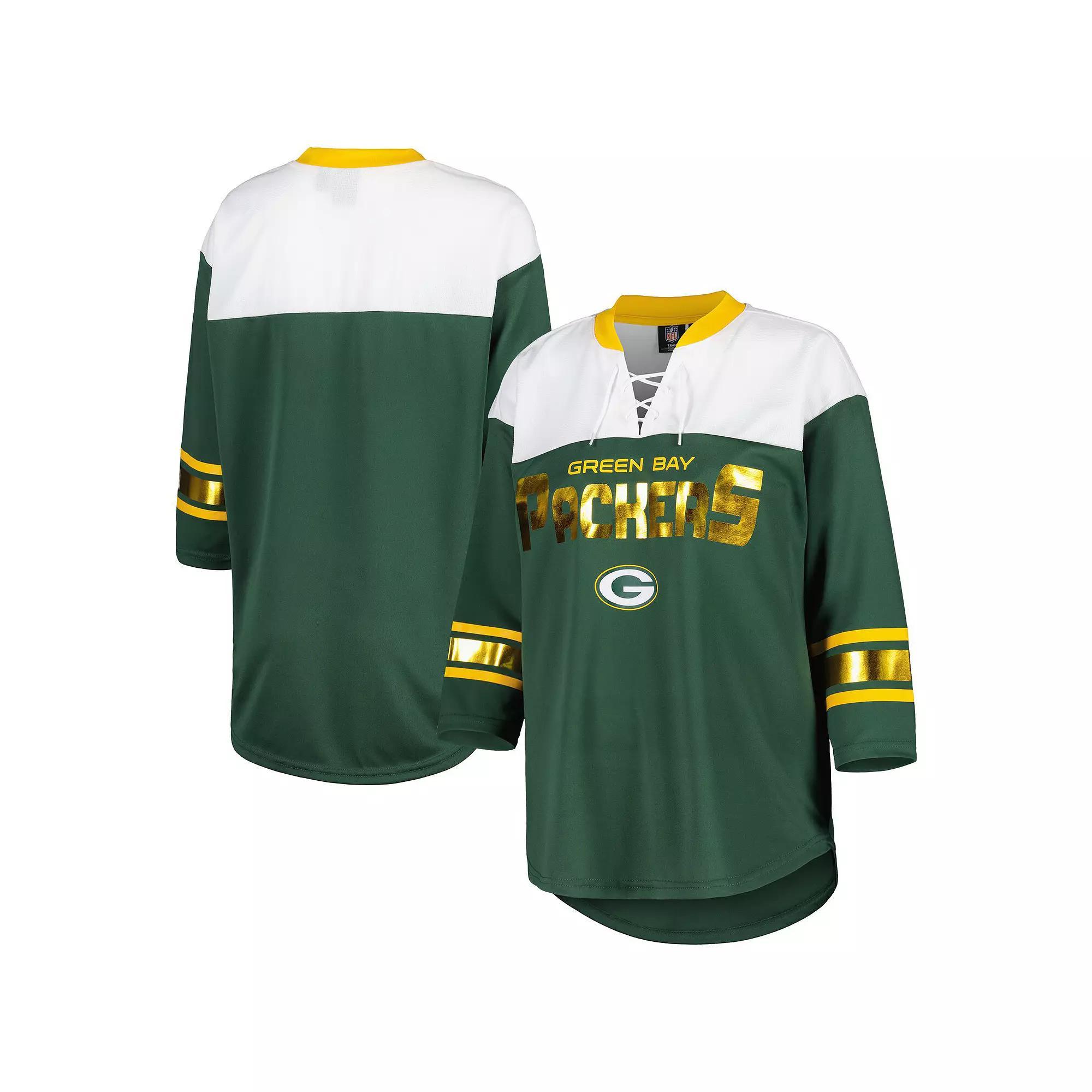 Women's G-III 4Her by Carl Banks Green/White Green Bay Packers Double Team 3/4-Sleeve Lace-Up T-Shirt, Size: XS Product Image