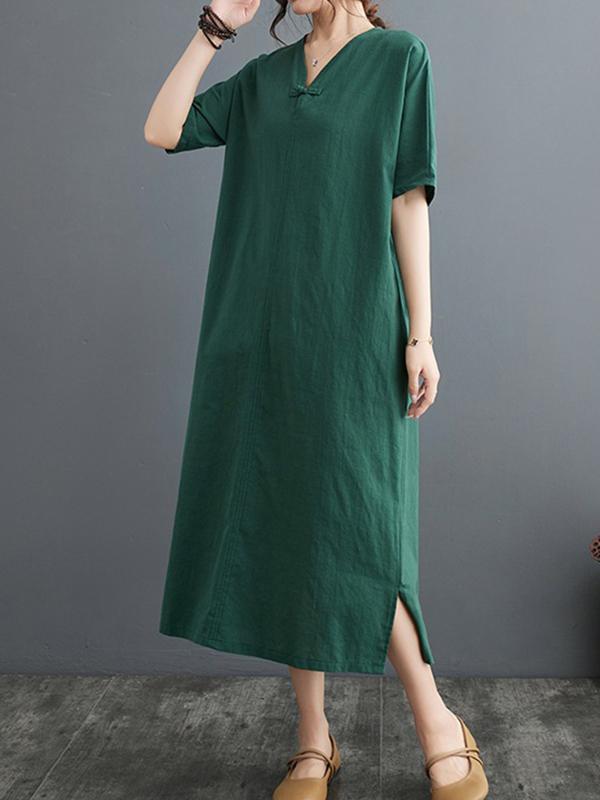 A-Line Loose Chinese Frog Buttons Pockets Solid Color Split-Side V-Neck Midi Dresses Product Image