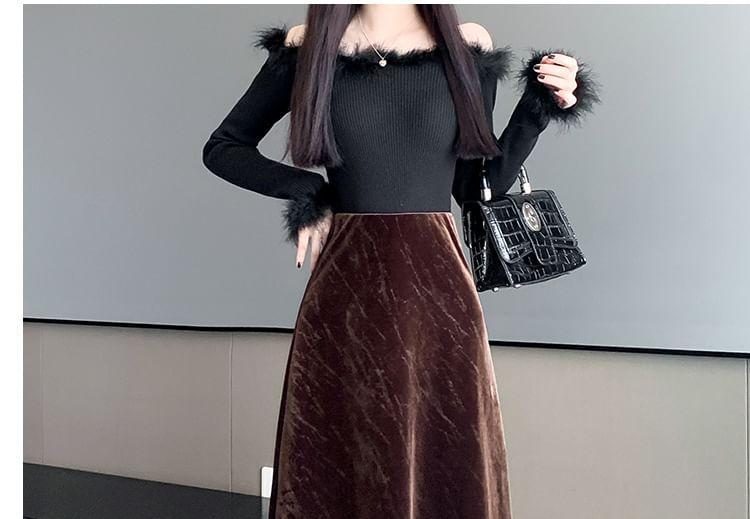 High Rise Velvet Midi A-Line Skirt Product Image