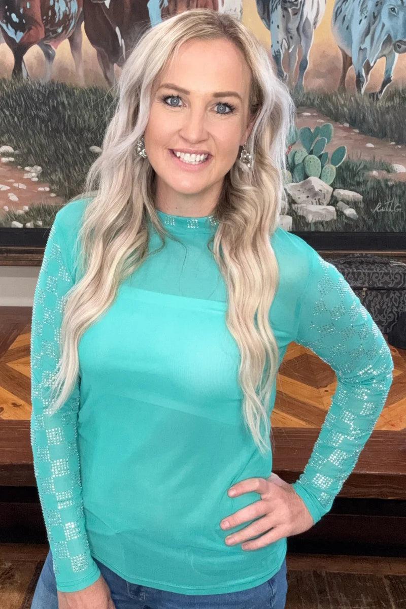 Sterling Kreek Checked In Turquoise Mesh Top Product Image