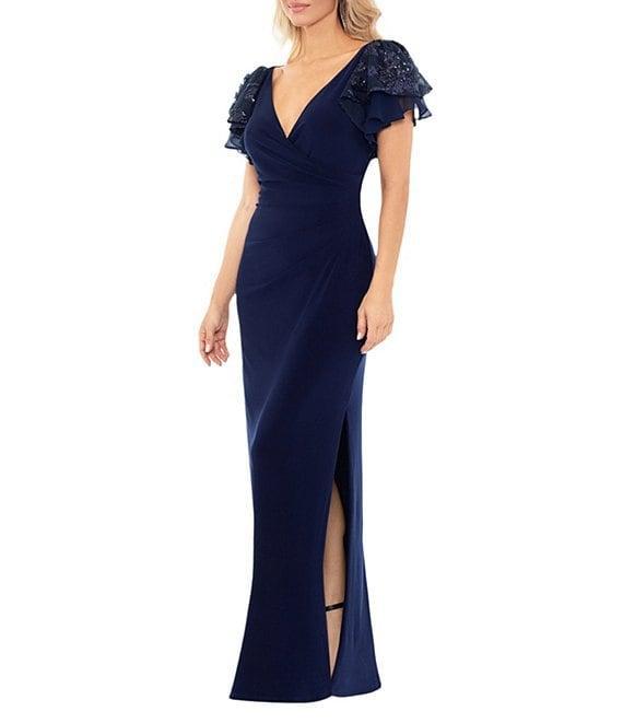 Betsy & Adam Petite Size Short Sequin Sleeve V-Neck Faux Wrap Gown Product Image